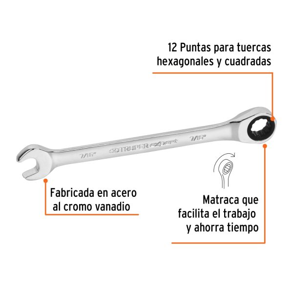 Llave Mixta De 7/16" Con Ratchet. Largo 160 mm. Uso Rudo - Imagen 3